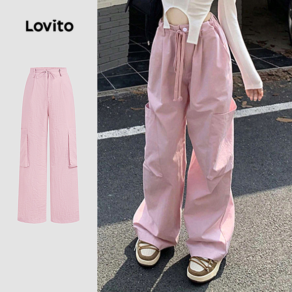Lovito Calças Casuais com Bolso  Cordão  Amarra  para Todas As Estações  Calças rosa L142LD208 em Oferta na Shopee