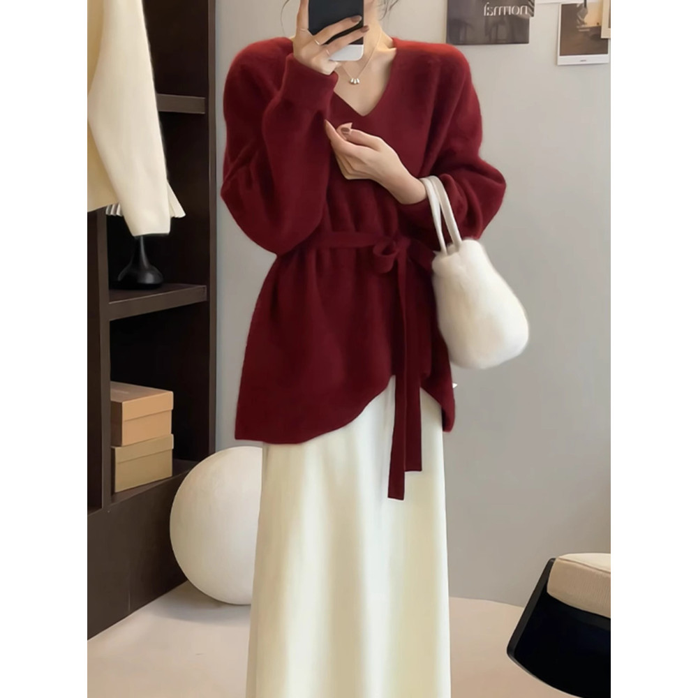 Ano novo atmosfera vermelho Irregular rendas com decote em v camisola feminina outono inverno High-End estilo preguiçoso