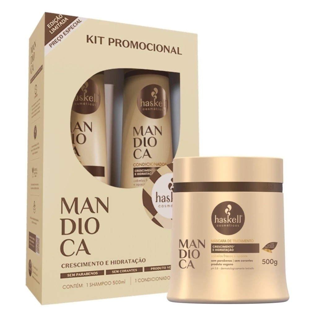Kit Tratamento Capilar Mandioca 500g Haskell | 3 Itens | Hidratação e fortalecimento
