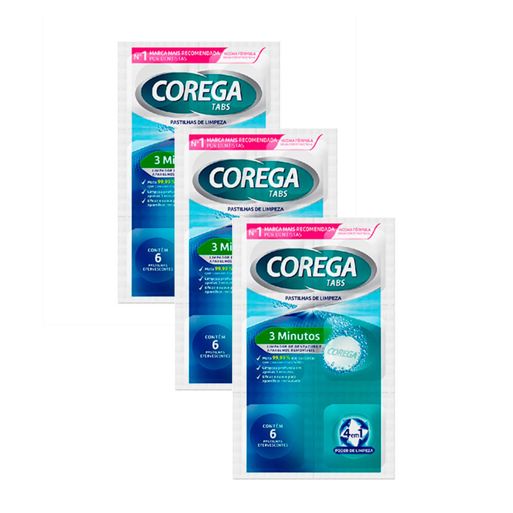 Kit 3 Corega Tabs Limpador de Dentadura 3 Minutos com 6 Pastilhas Efervescentes