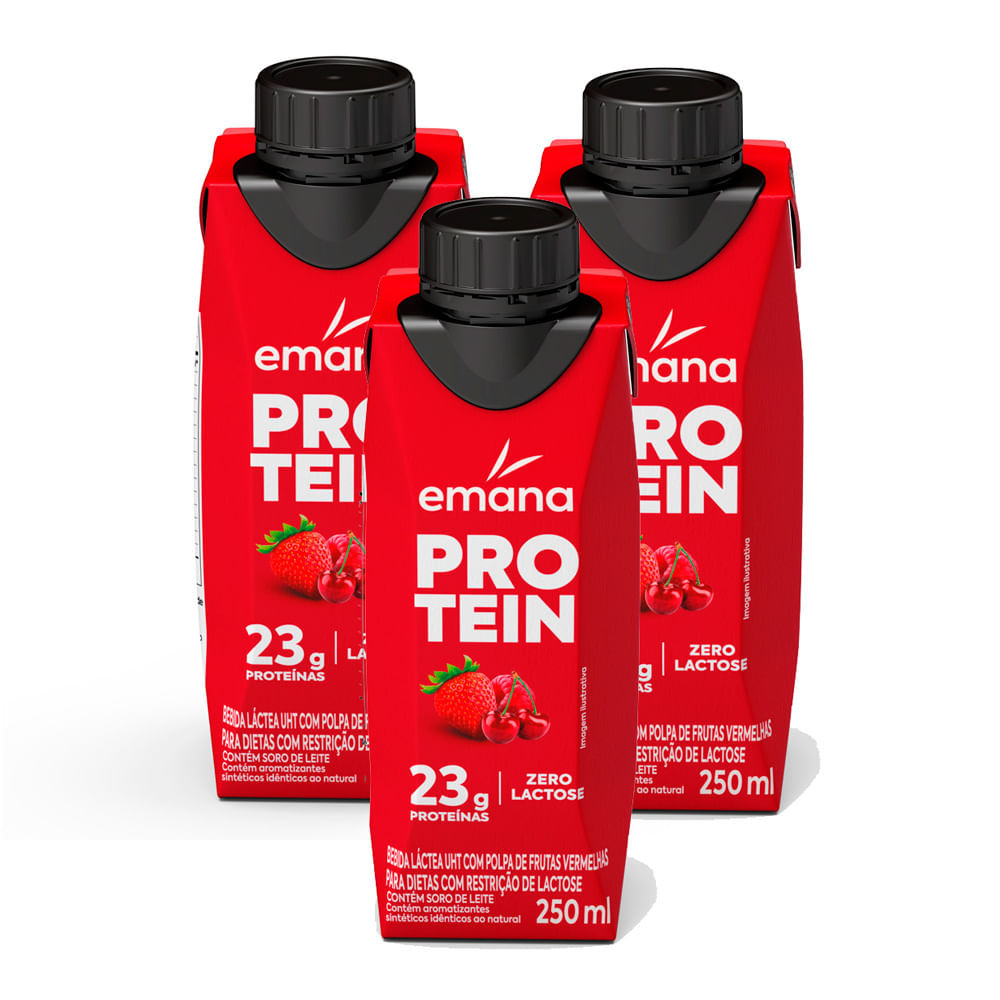 Kit 3 Bebida Láctea Emana Protein Sabor Frutas Vermelhas com 23g de Proteínas 250ml em Oferta na Shopee