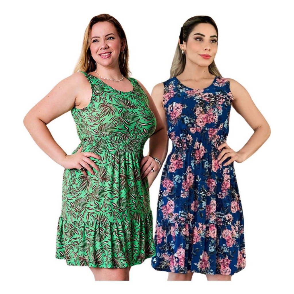 Kit 2 Vestidos Regata Feminino Elastex Na Cintura Estampa Sortida Floral Estampado em Oferta na Shopee