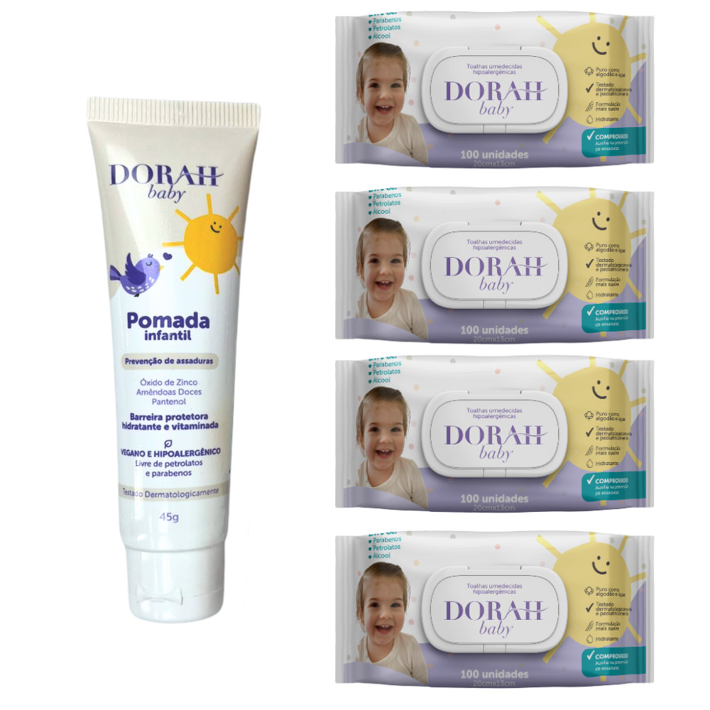 Kit 4x Toalhas Umedecidas 100un + 1 Pomada 45g Dorah Baby Hipoalergênica