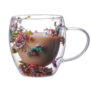 Xícara De Vidro De Parede Dupla Com Flor Seca Caneca 250ml em Oferta na Shopee