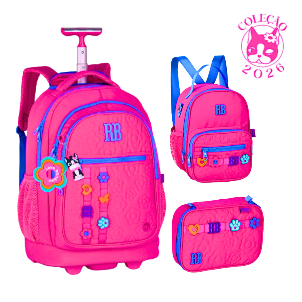 Kit Mochila de Rodinhas Com lancheira e Estojo Rebecca Bonbon Flower Power - Clio Style Cor:Rosa em Oferta na Shopee