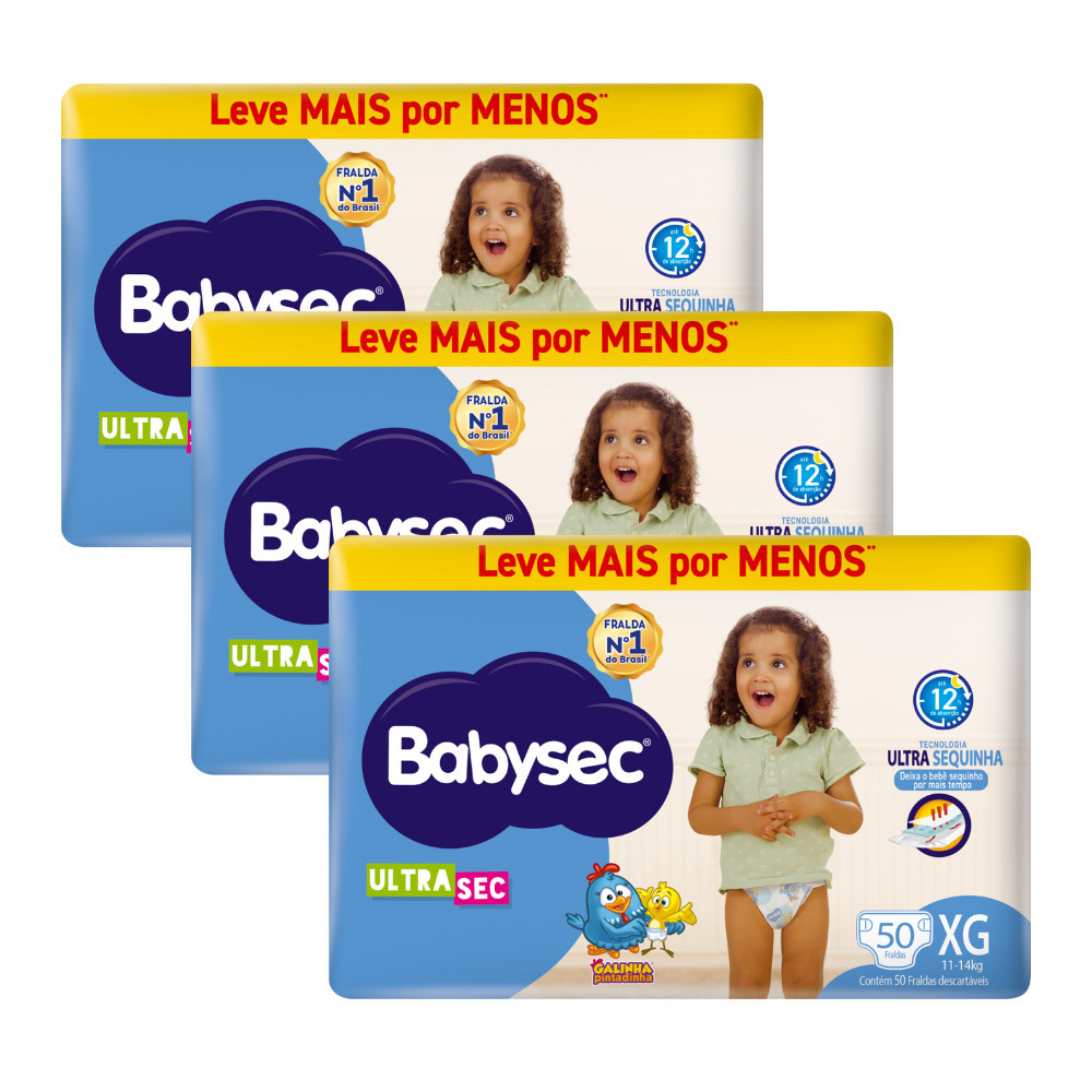 Kit 3x Fralda BabySec Hiper XG c/ 50 un- Economia Ultrasec Galinha Pintadinha Conforto e Alta Absorção