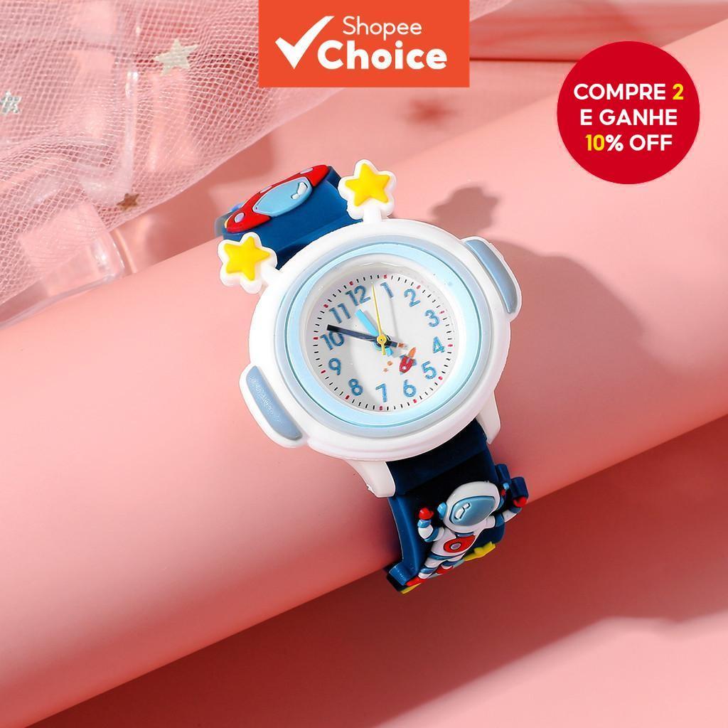 Novo relógio infantil de quartzo em gel de sílica com astronauta de desenho animado.