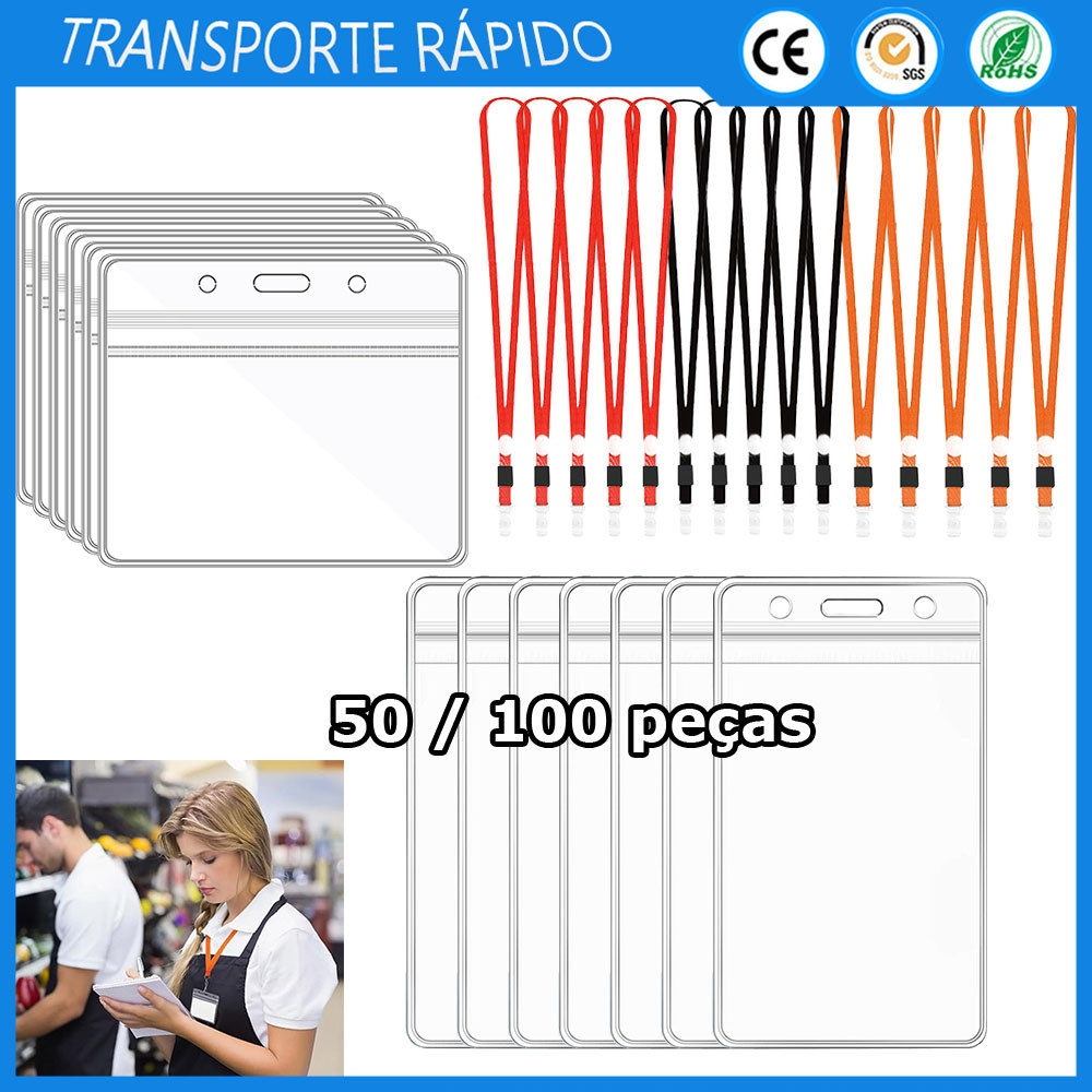 50/100 unidades Porta-crachá transparente em plástico com capa para cartão de identificação e clipe para cordão em Oferta na Shopee