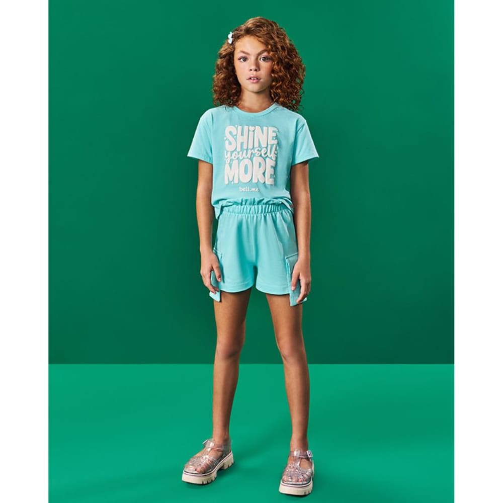 Conjunto Menina  Blusa estampa Shine e Shorts Azul Claro Beli.me