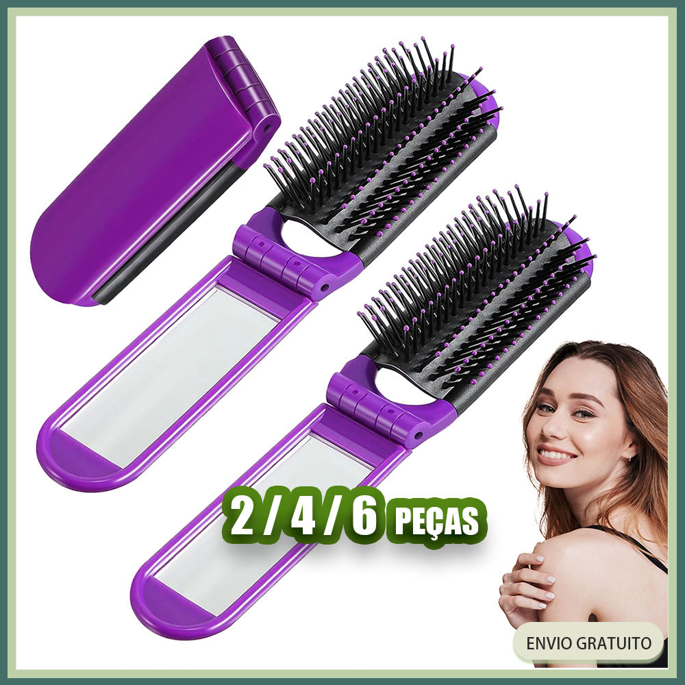 Kit 2/4/6 pçs Roxo Escova de cabelo quadrada dobrável com espelho escova de cabelo de viagem pente de massagem de bolso