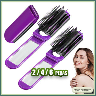 Kit 2/4/6 pçs Roxo Escova de cabelo quadrada dobrável com espelho escova de cabelo de viagem pente de massagem de bolso