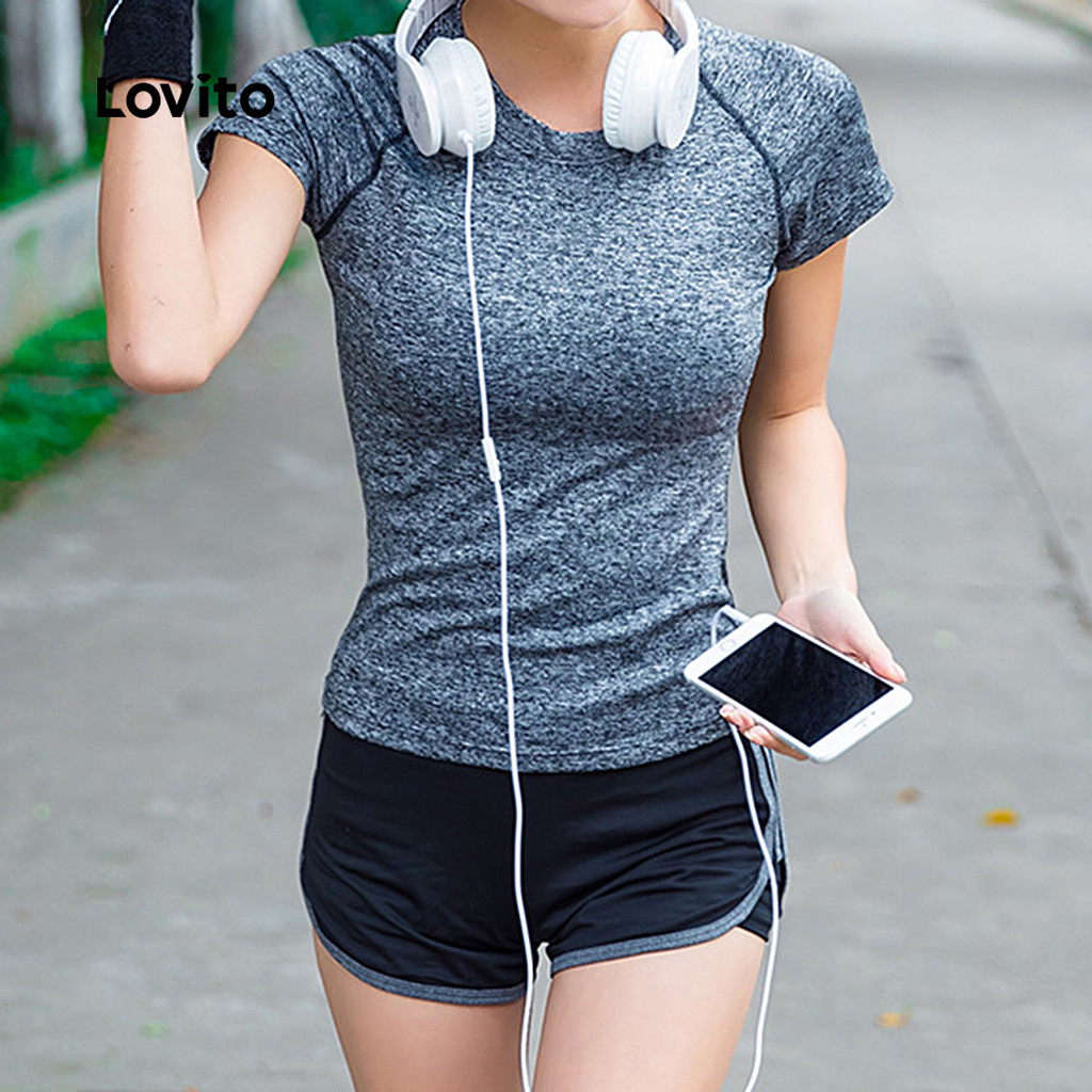 Detalhes do Lovito Camiseta esportiva linhas definidas fita contrastante top de yoga academia Dri Fit corrida mulheres LNE116X048