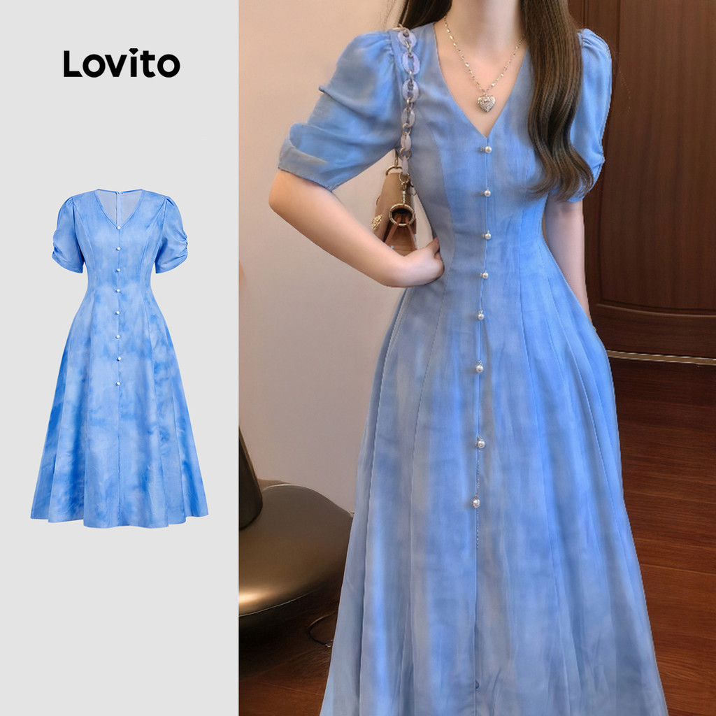 Lovito Vestido Casual com Botões para Primavera/verão Azul para mulheres L158AD190 em Oferta na Shopee