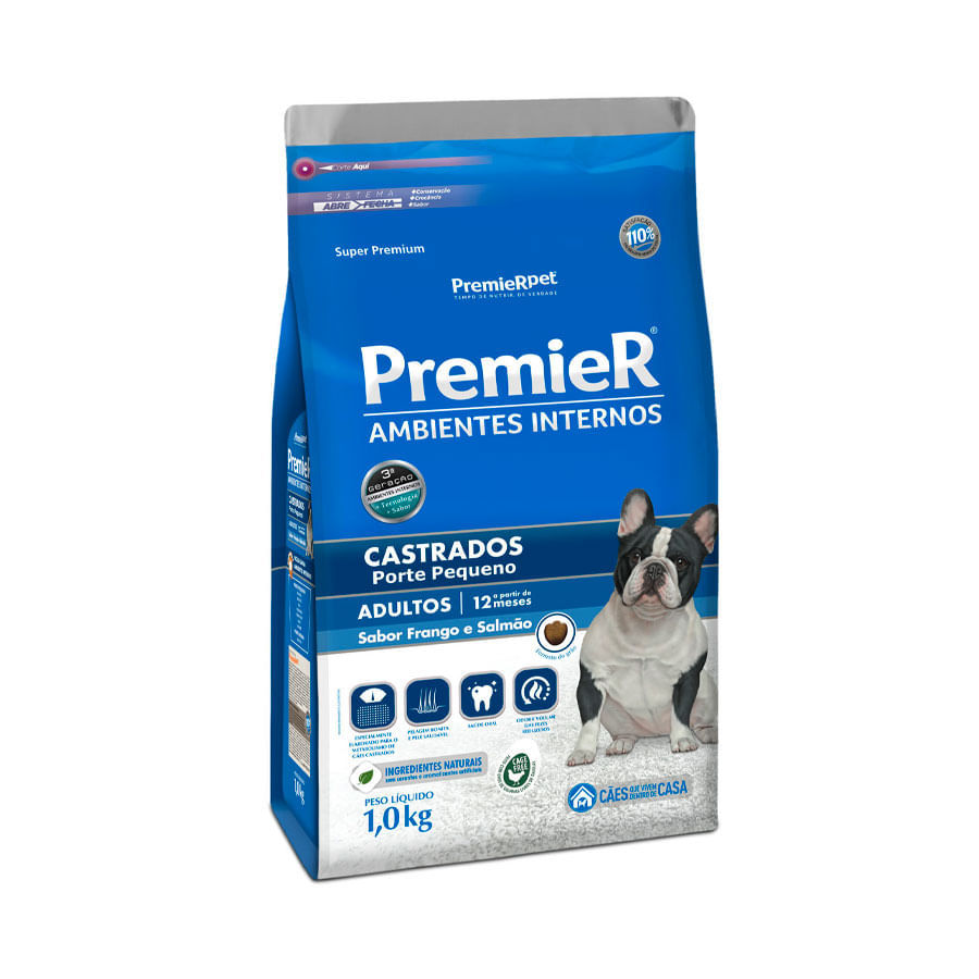 Ração para cães adultos porte pequeno castrados Premier Ambientes Internos Sabor frango e salmão - 1kg