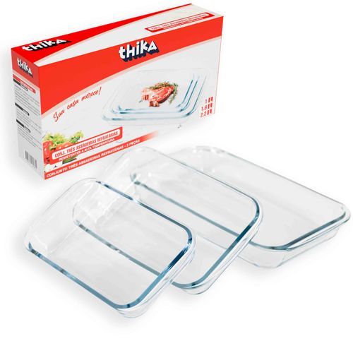 Kit Assadeiras Vidro Refratario Retangulares Resistentes Lustro Transparente 3 Pecas