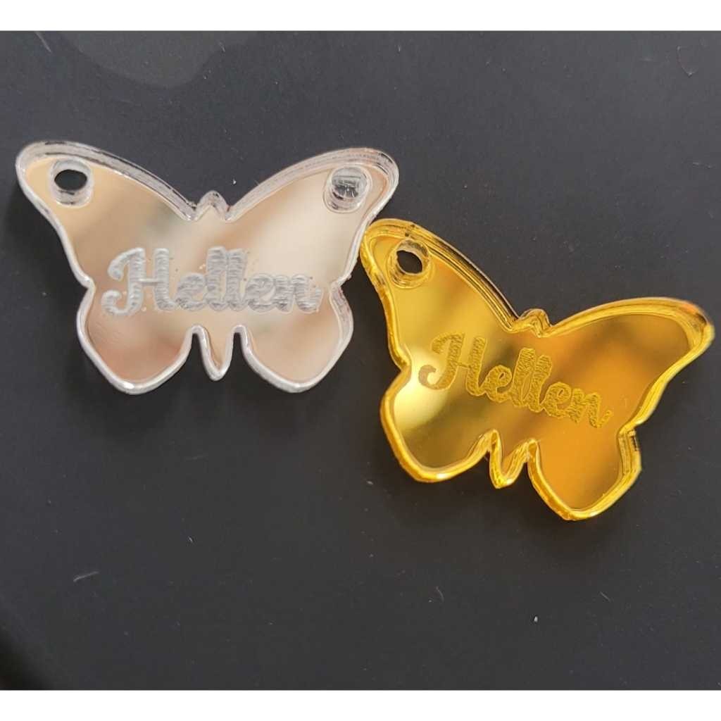 TAG BORBOLETA 2cm PERSONALIZADA COM NOME EM ACRÍLICO ESPELHADO / ETIQUETA DECORATIVA