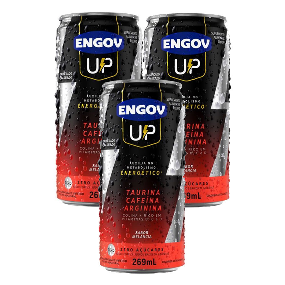Kit 3 Energético Engov UP Taurina Cafeína e Arginina Sabor Melancia Zero Açúcares 269ml