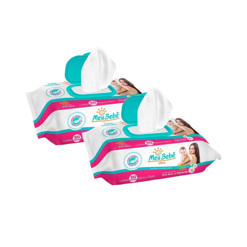 Kit 2 Toalha Umedecida Meu Bebê Ultra com Extrato de Erva Doce e Camomila 100 Unidades em Oferta na Shopee