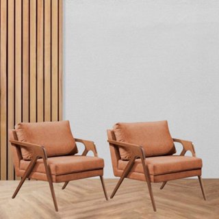 Kit 2 Poltronas Decorativa Braço de Madeira Mona Linho Terracota em Oferta na Shopee