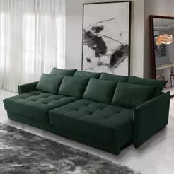 Sofá Cama Retrátil e Reclinável 2,50m com Molas Carol Veludo Verde Adonai Estofados