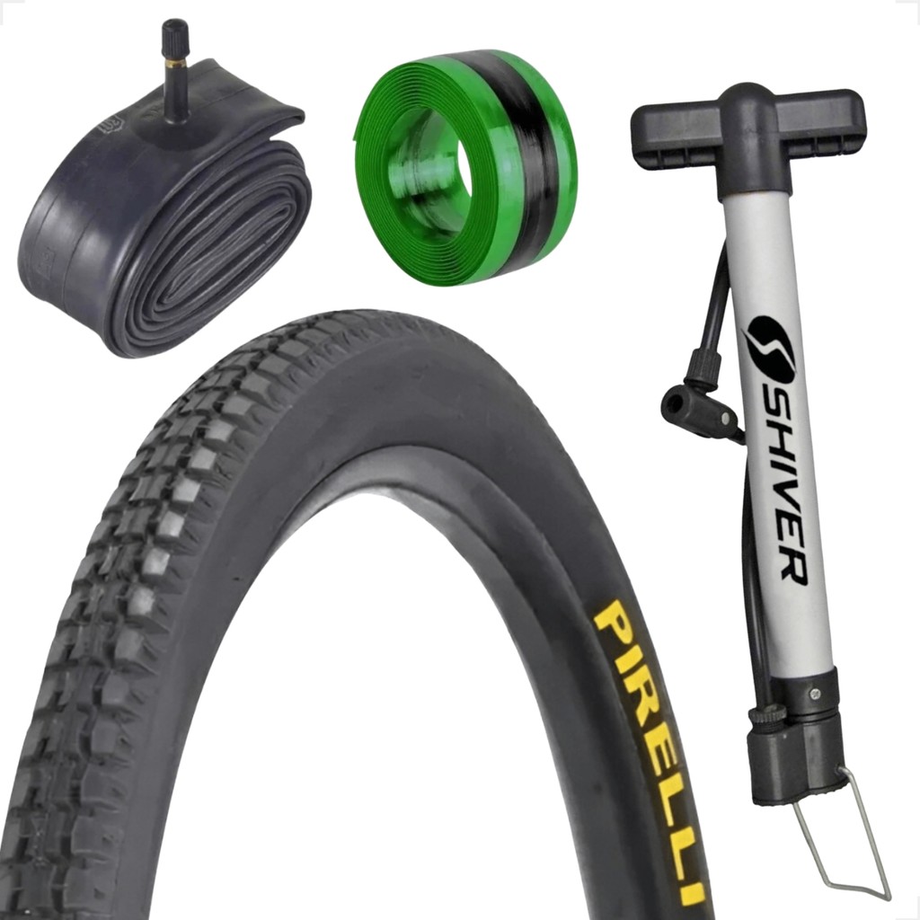 PNEU 26 X 1.1 / 2X2 PRIMOR PIRELLI + CAMARA + BOMBA MANUAL + FITA ANTIFURO MONARK CALOI TROPICAL