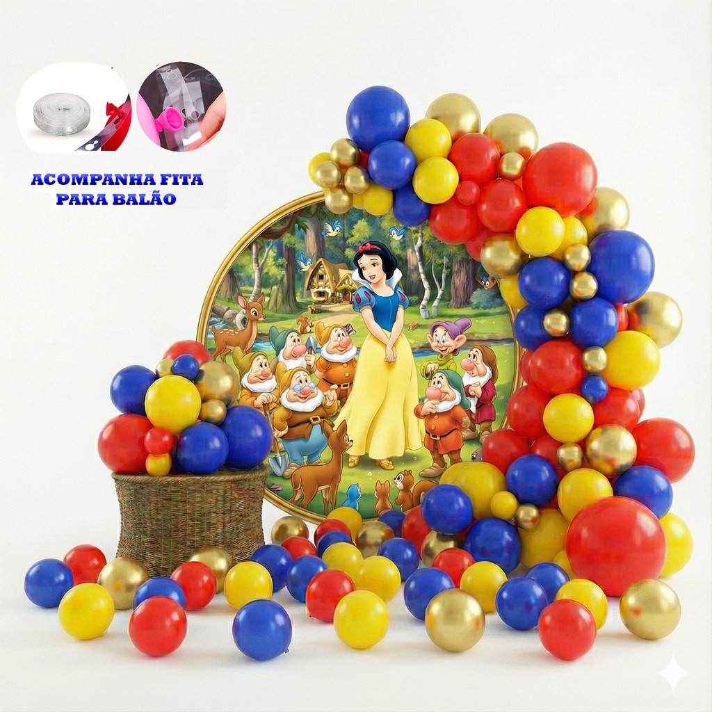 Kit 150 Balões Festa Branca de Neve Fita+Bexiga Aniversários Cor viva em Oferta na Shopee