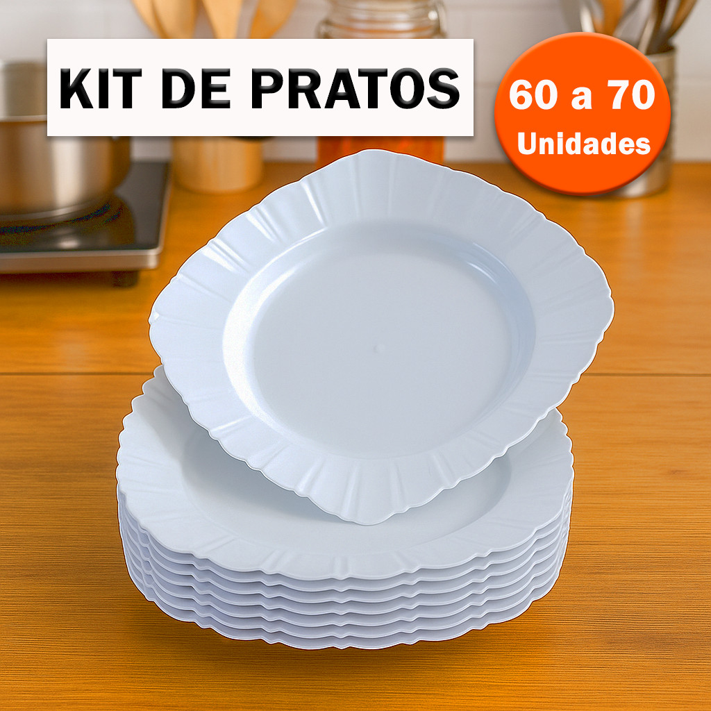 Kit Pratos Plásticos Branco Quadrado Fundo Refeição Festa Churrasco Porção Reutilizavel Resistente