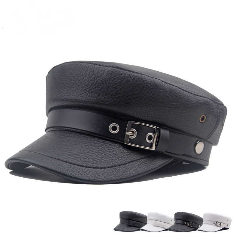Boina de couro com topo plano, bonés militares casuais para mulher, boné de capitão em couro PU, boné vintage preto espo