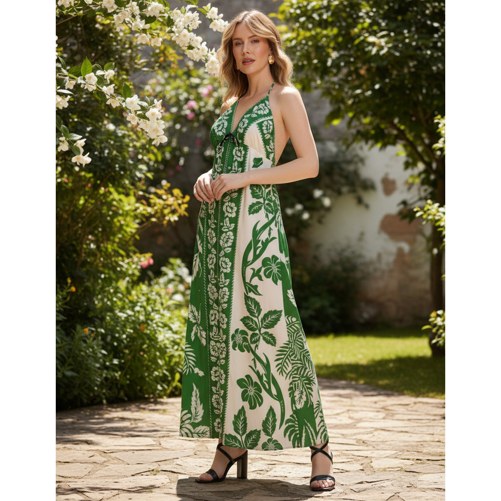 Vestido Longo Feminino Verde Floral Tropical