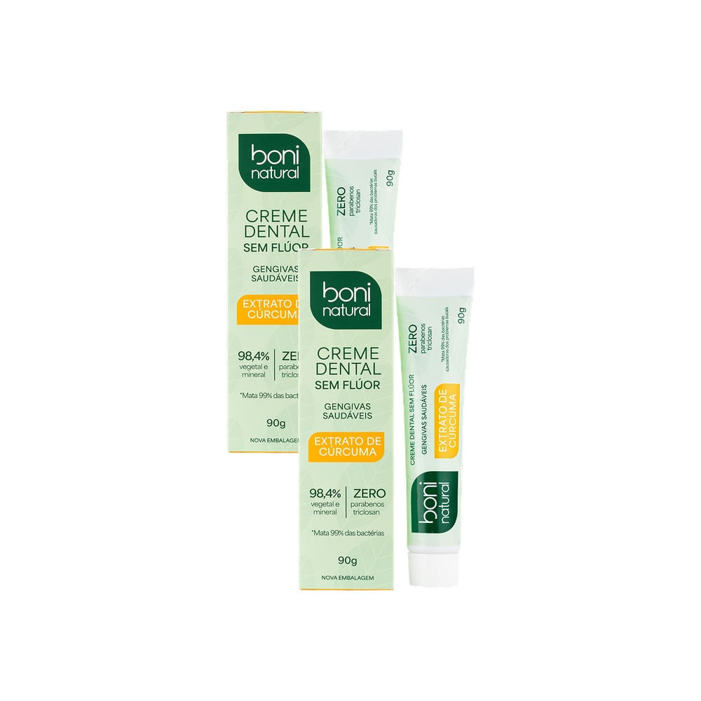 Kit 2 Creme Dental Boni Natural Gengivas Saudáveis Extrato de Cúrcuma Sem Flúor 90g