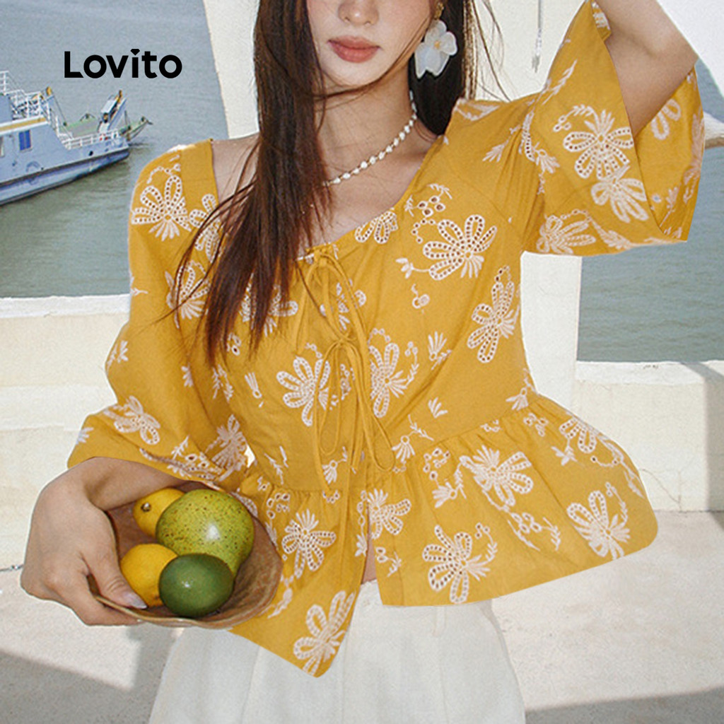Lovito Camisa Casual com Babado Na Bainha Amarração Primavera/verão Blusa Amarela para mulheres L141LD042 em Oferta na Shopee