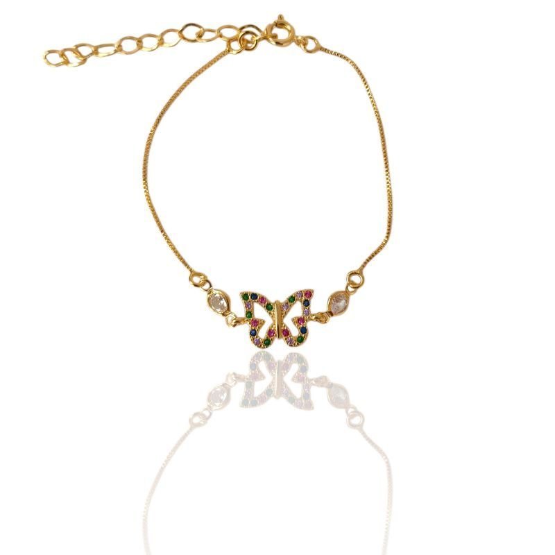Pulseira Feminina Borboleta Cravejada Colorida c/ Ponto de Luz Banhado a Ouro