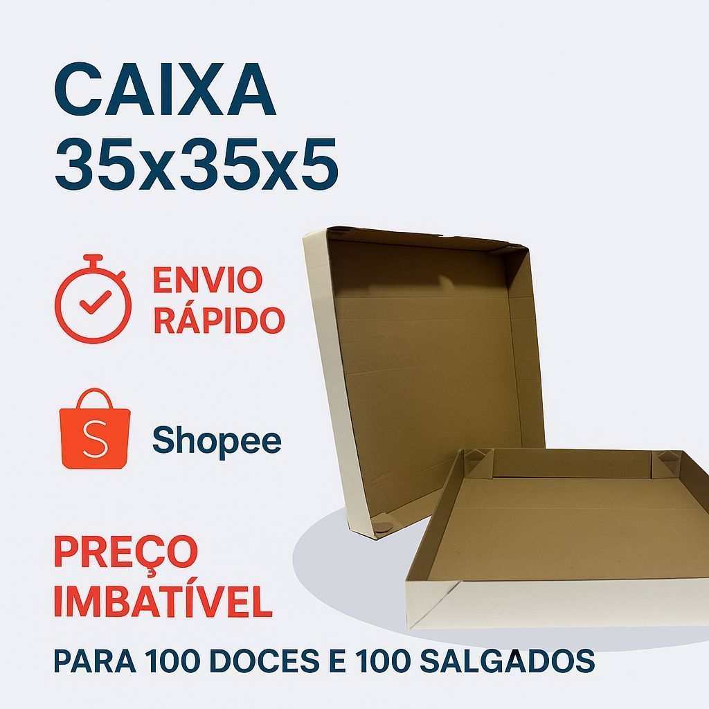 Caixa Papelão para Salgados 35x35x5 cm – Tampa e Fundo – 10 Unidades – Branco e Kraft – Envio Imediato