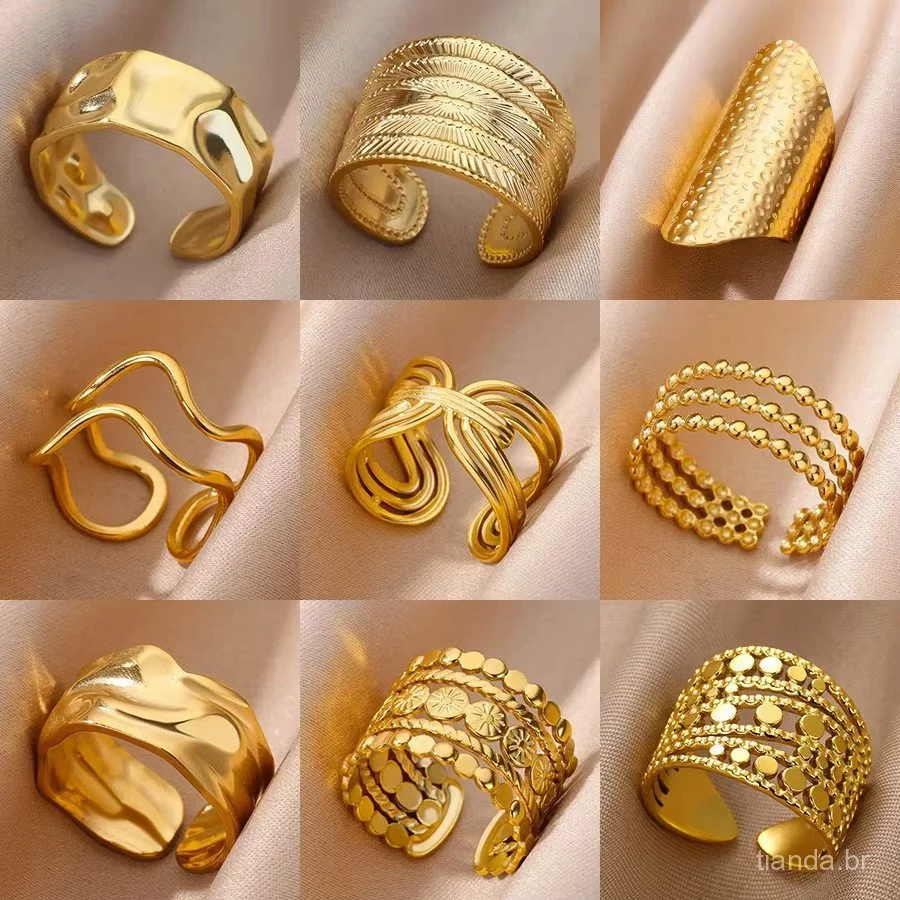 Anel de Aço Inoxidável Banhado a Ouro 18K, Aberto Ajustável, Joia de Casamento não irá descolorir — imagem 1