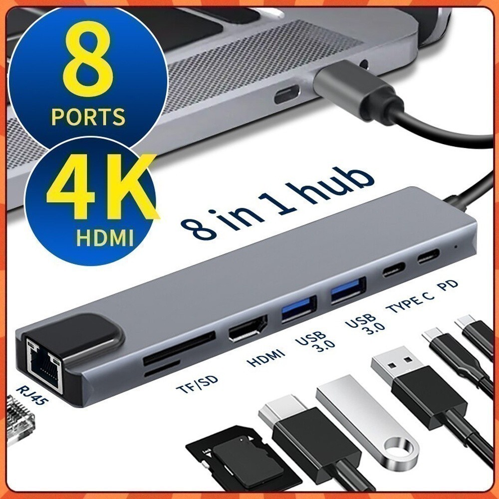 Hub USB-C 8 em 1 HDMI 4K RJ45 USB 3.0 SD TF PD 100W Adaptador Notebook MacBook Celular — imagem 2 de 2