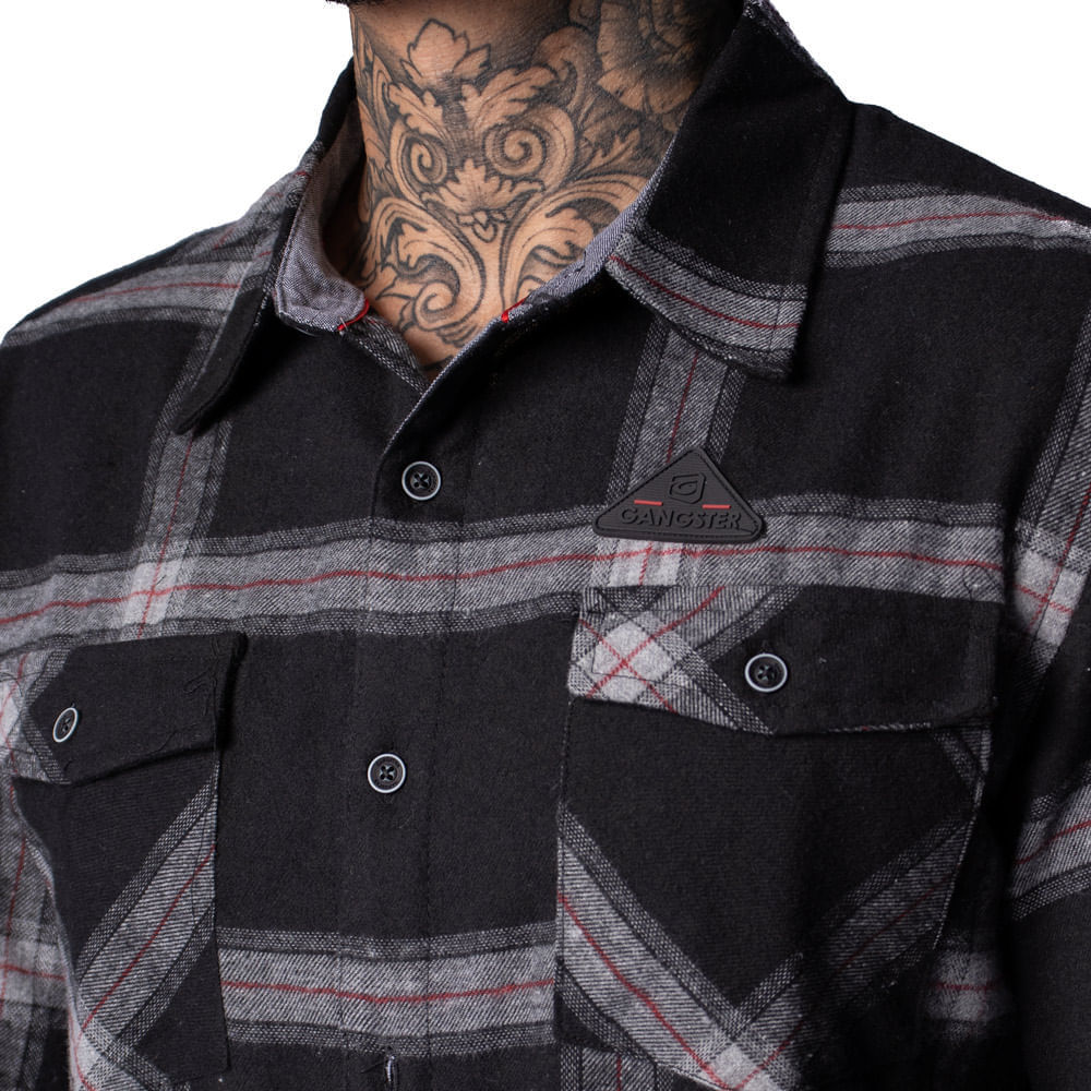 Detalhes do Camisa Masculina Gangster Flanela Xadrez Preto