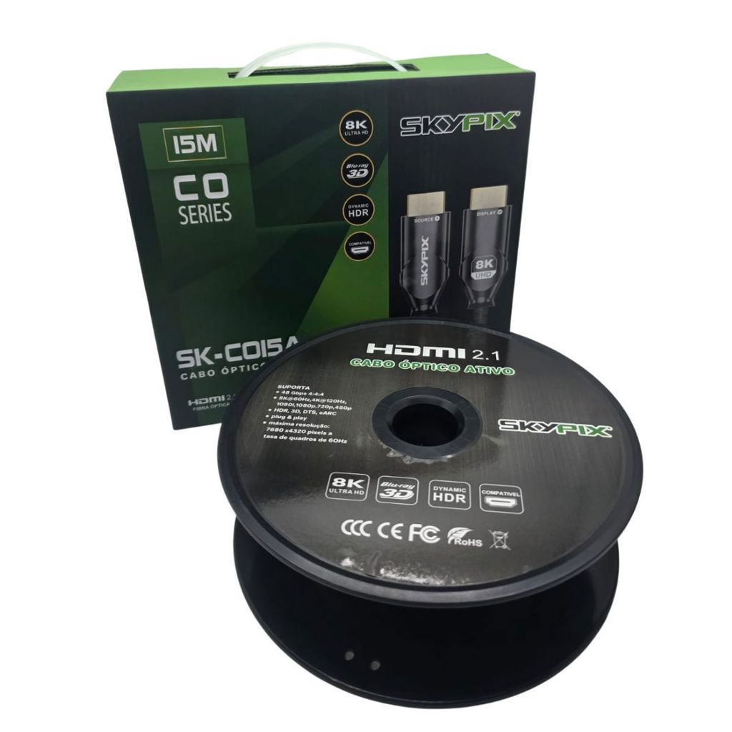 Cabo Óptico HDMI 2.1 8K 15m Skypix 48Gbps Para Projetor