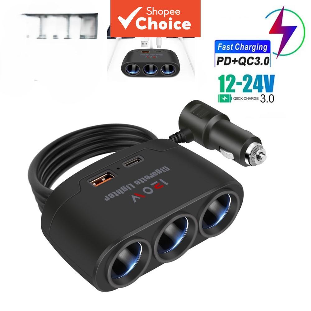 Adaptador de Carregador Veicular 12V/24V, Divisor de Isqueiro com 3 Soquetes, Carregador Rápido USB Duplo