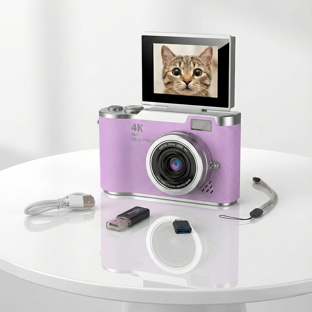 Câmera Digital Selfie Tela Giratória 2.4 Resoluções 4K 1080P 720P VGA Bateria 4 Horas Acompanha Acessórios