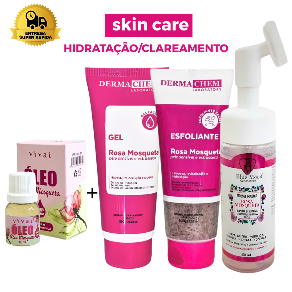 Kit Limpeza de pele profunda Rosa Mosqueta skin care completo Hidrata Clareia e Renova a Pele