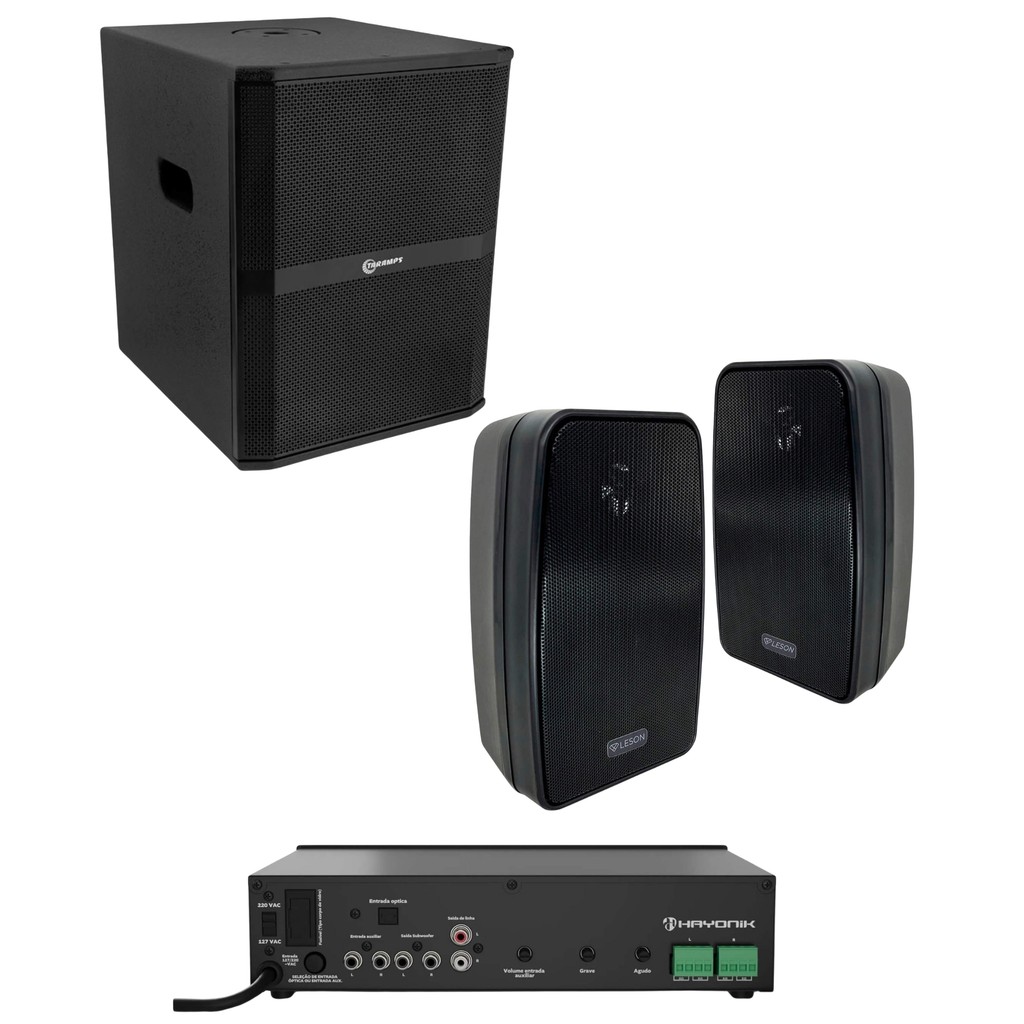 Kit Completo de Áudio: Caixas de Som e Amplificador - Taramps, Hayonik e Leson