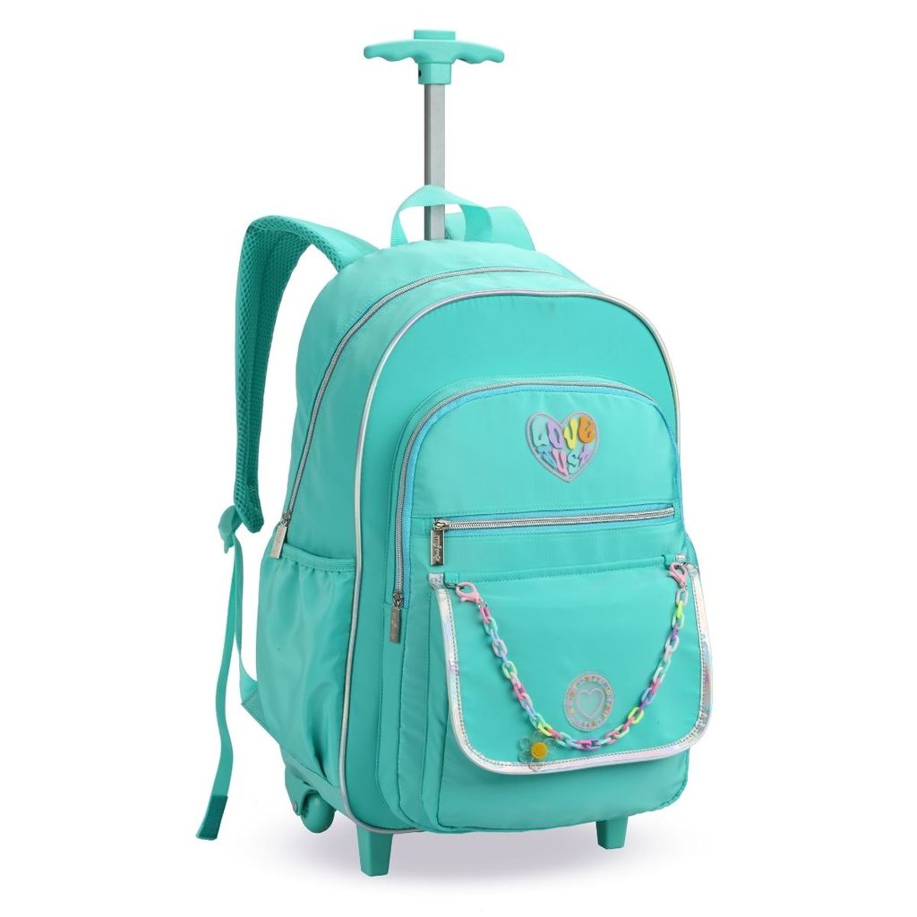 Mochila Material Escolar com Rodas Azul 4 Divisórias Chaveiro Moderna Tendência Fofa Volta as Aulas