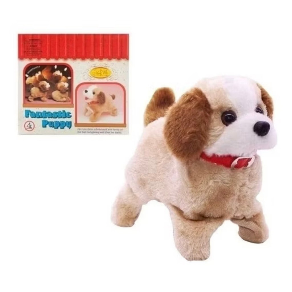 Cachorrinho Pelúcia Pula Anda Late Cambalhota Cachorro Pilha Cor Bege