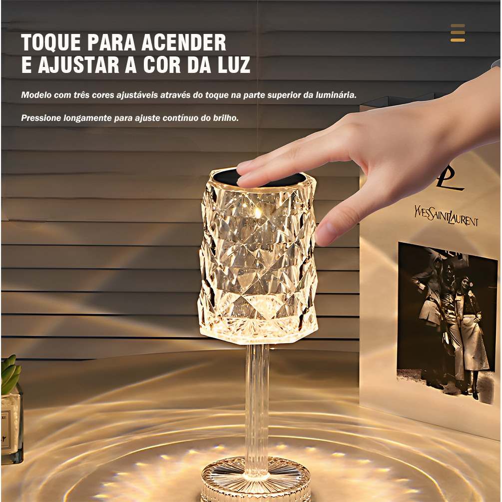 Luminária LED Touch Cristal C/Cúpula Acrílica Abajur de Mesa USB 3 Cores de Luz Sensor Toque