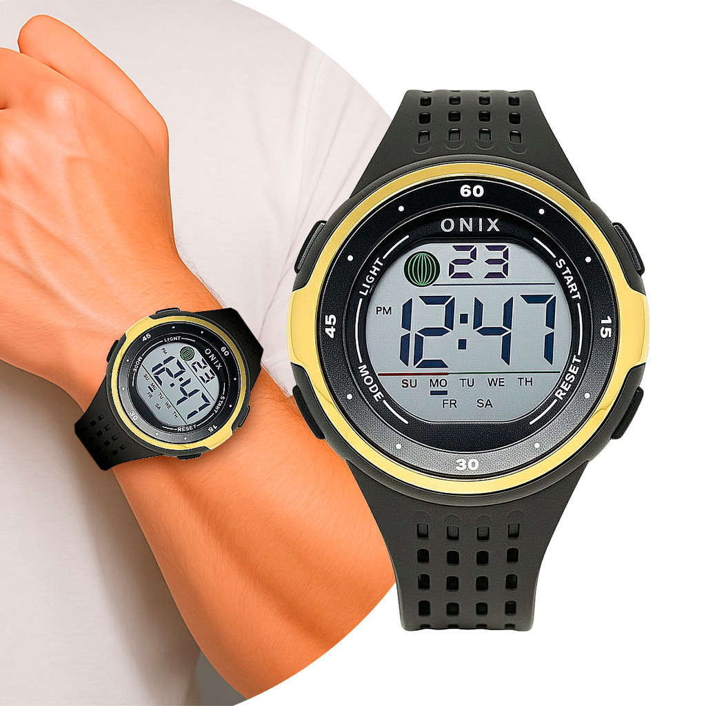 Relógio Masculino Digital Dourado Preto de Pulso com Pulseira de Silicone à Prova D Água Esportivo Casual Onix Original