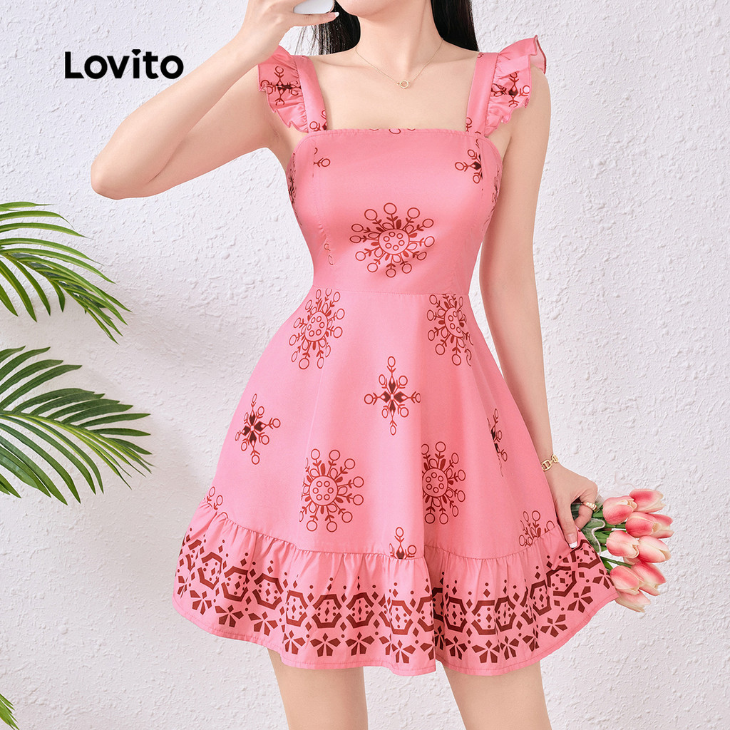 Lovito Tecido para Vestido Boho com Costura Babado Estilo Nacional Primavera/verão vermelho rosa L137LD469
