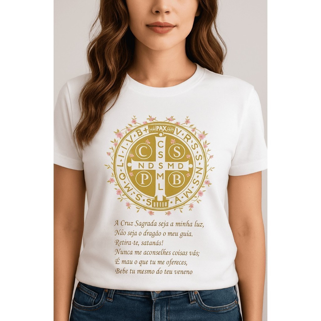 Camiseta T-Shirt Católica 100% Algodão Casual Feminina Estampada Medalha De São Bento Cruz Sagrada em Oferta na Shopee