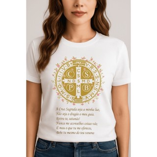 Camiseta T-Shirt Católica 100% Algodão Casual Feminina Estampada Medalha De São Bento Cruz Sagrada em Oferta na Shopee