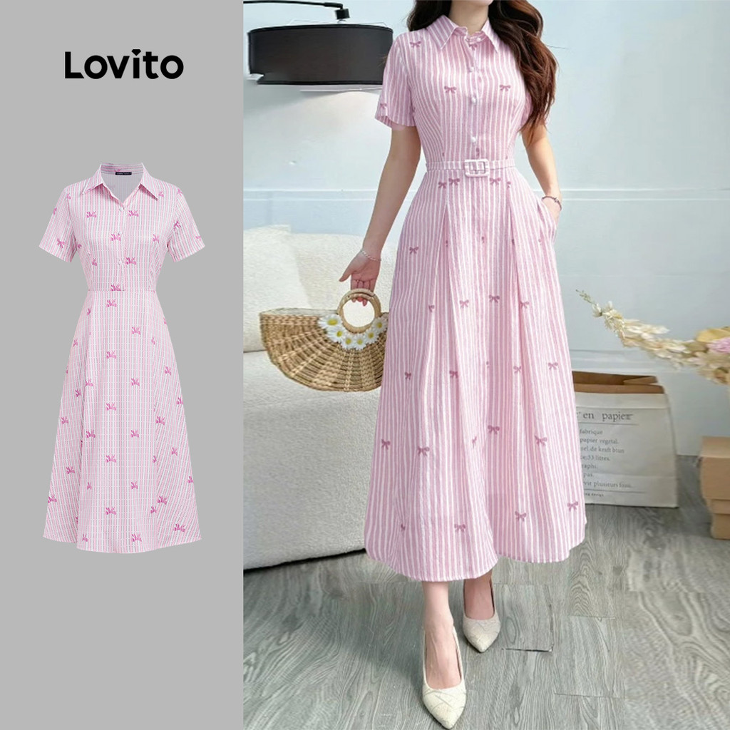 Lovito Vestido Casual de Botão para Primavera/verão Vestido Rosa para mulher L157ED1119 em Oferta na Shopee
