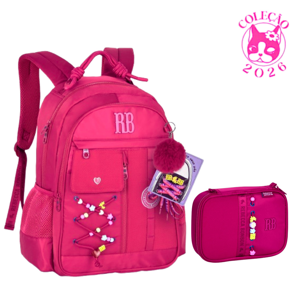 Kit Mochila de Costas com par de cadarços e Estojo Rebecca Bonbon Beaded Fun Cor:Rosa em Oferta na Shopee